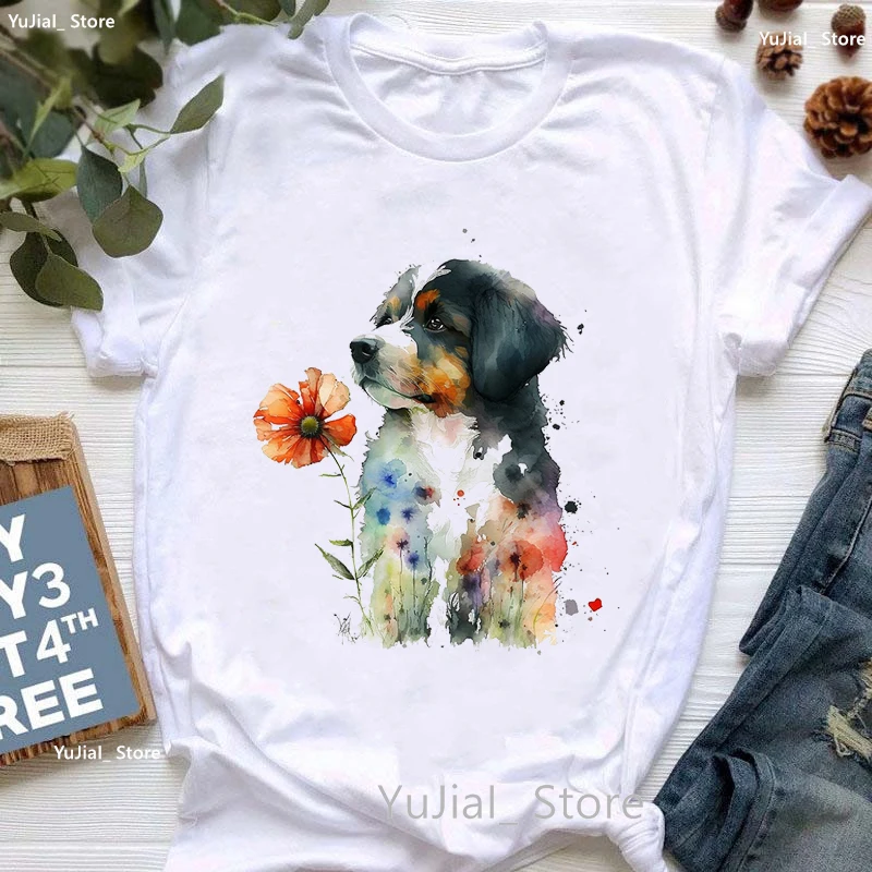 

Pink Flowers Car Dog Print Tshirt Girls Kawaii Bernese Mountain/Puppy/Dachshund T Shirt Femme Summer Fashion T-Shirt Female