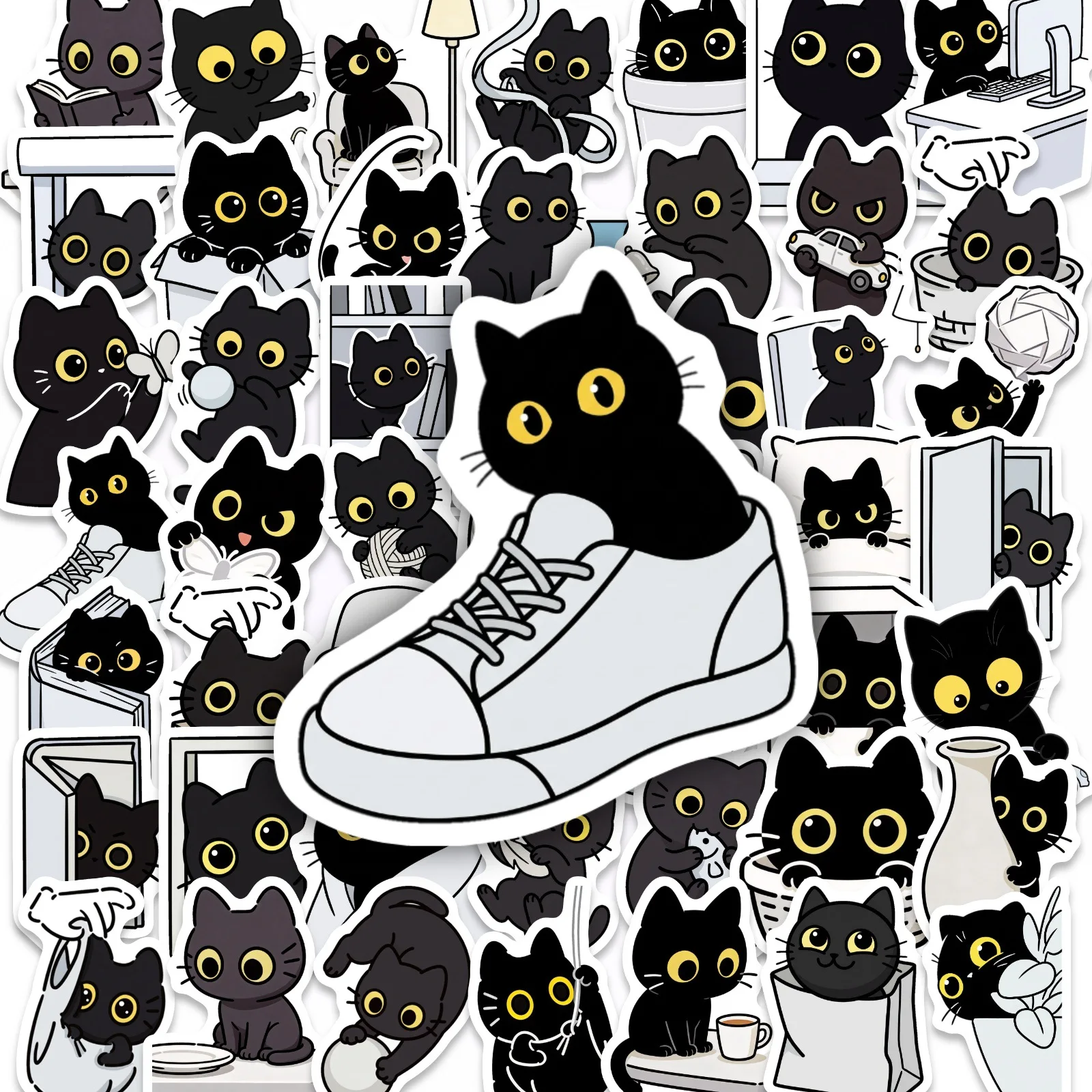 50 Pcs Cute Mischievous Black Cat Stickers, Funny Cartoon Waterproof Vinyl Decals for Journaling & Scrapbooking