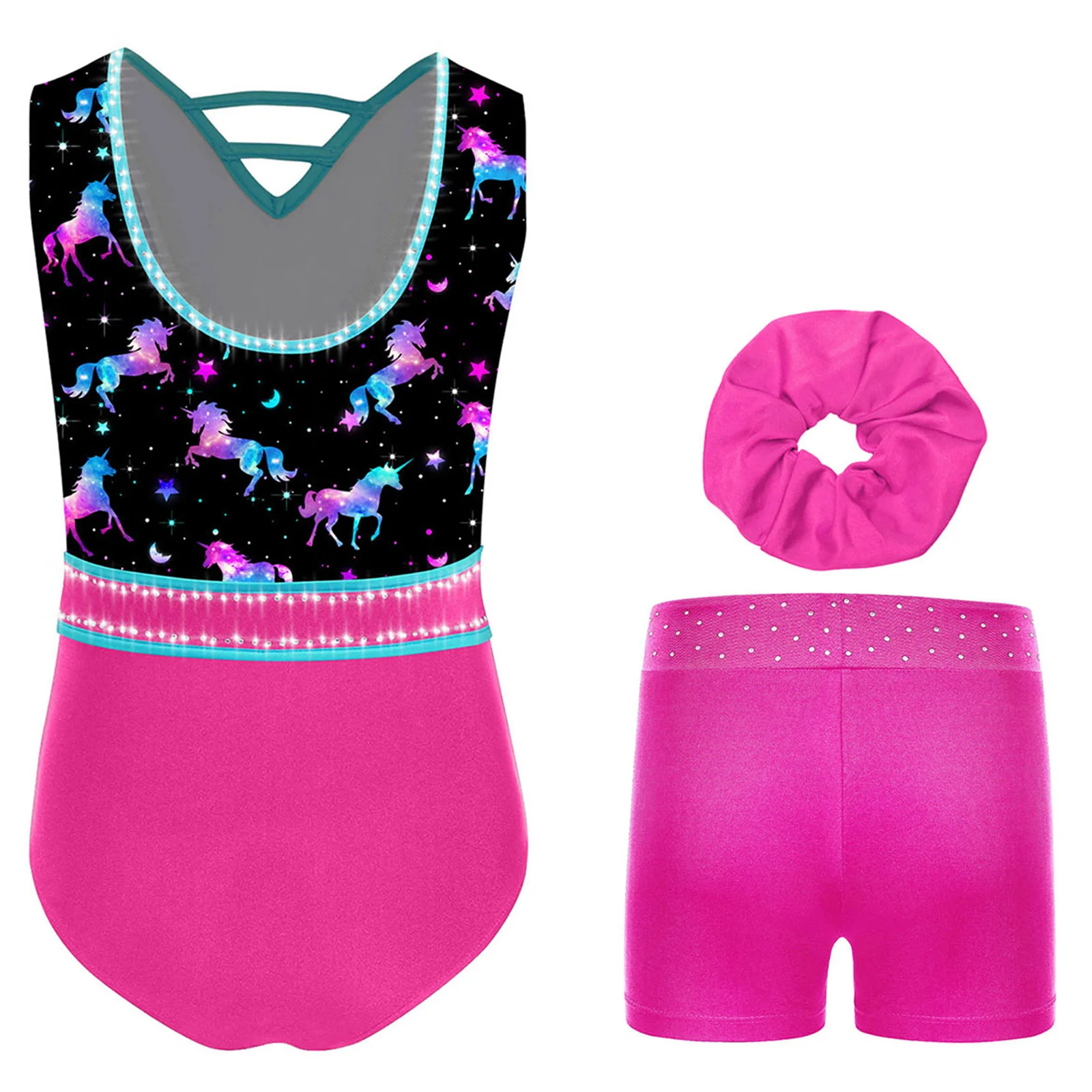 キッズガールズ体操ダンスレオタードセットノースリーブVネックラインストーン付きショーツ帽子フィギュアスケートダンス競技着用