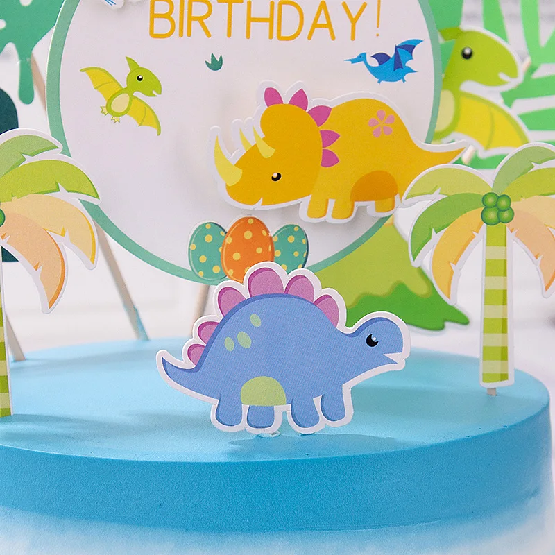 Dinosaur Cake Topper Flag Happy Birthday Wedding Decor Coconut Tree Leaf Cupcake Toppers Baking Kids Party Baby Shower Cake DIY