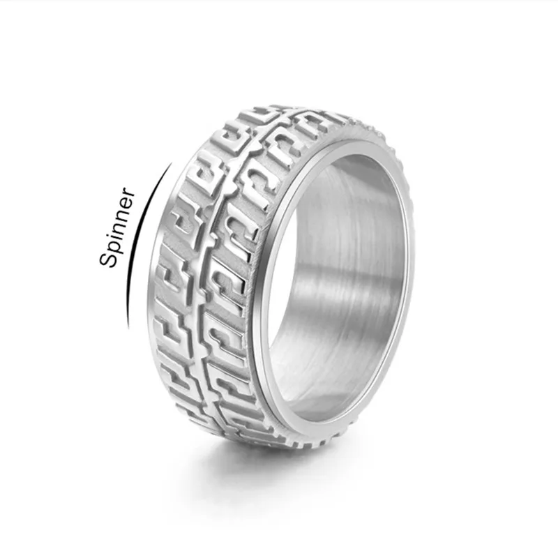 10mm Stainless Steel Tire Tread Pattern Spinner Ring for Men Women Size 7-12