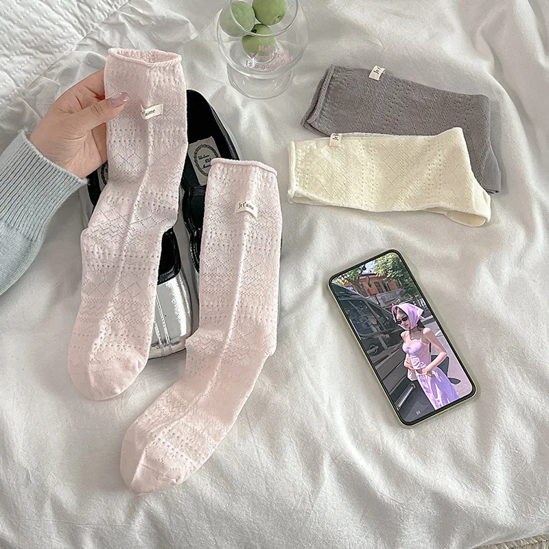 Women's Hollow Mesh Socks, Breathable Lace Trim Mid Calf Socks, Solid Color Thin Casual Socks with Letter Label,  for Summer