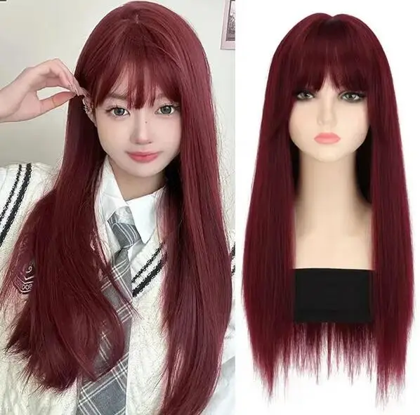 

Fashionable Natural Long Hair Wig Women's Straight Hair High Temperature Silk Fiber Full Head Coverage Red Color Extensions