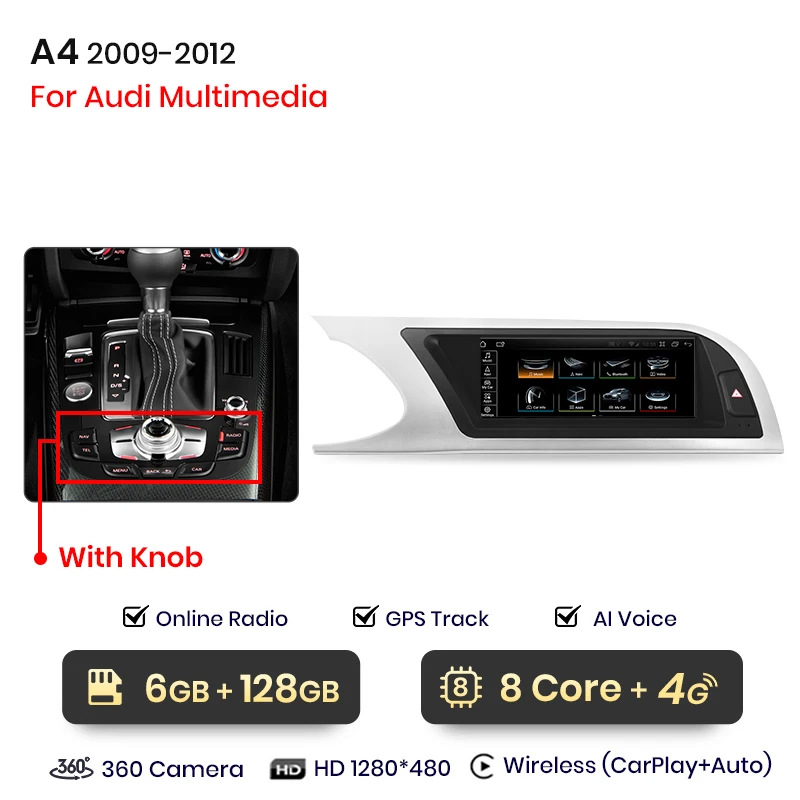 Junsun 8.8 Inch Carplay Voor Apple Car Radio Multimedia Voor Audi A4 A4l B8 2009-2016 4G Bluetooth Draadloze Android Auto Stereo