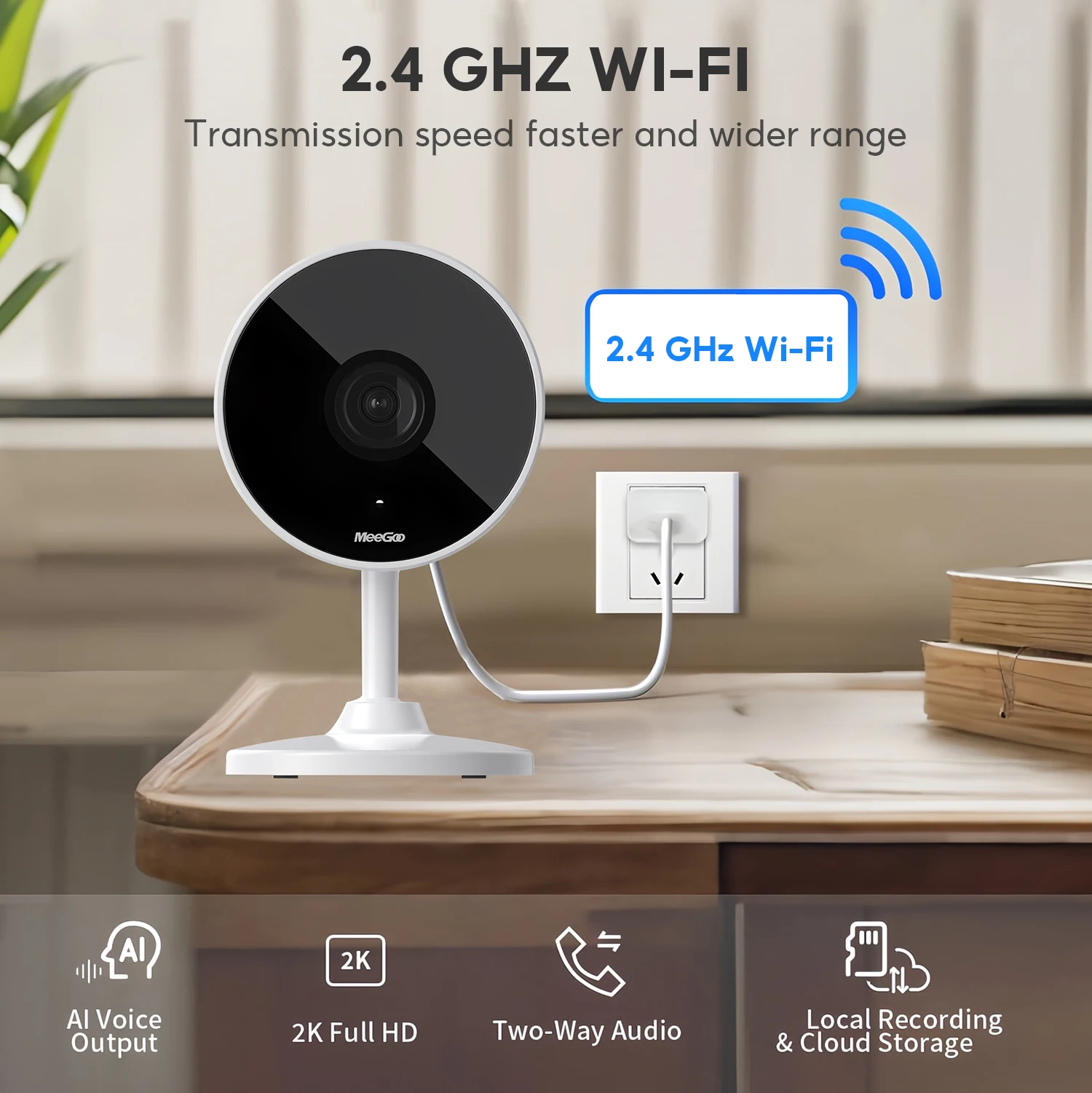 MeeGoo 3MP WiFi Indoor Camera, 2.4GHz, 1280*720P, 300m Range, Two-Way Call, Person Tracking, Smart Push, Alarm Sound Warning, AC