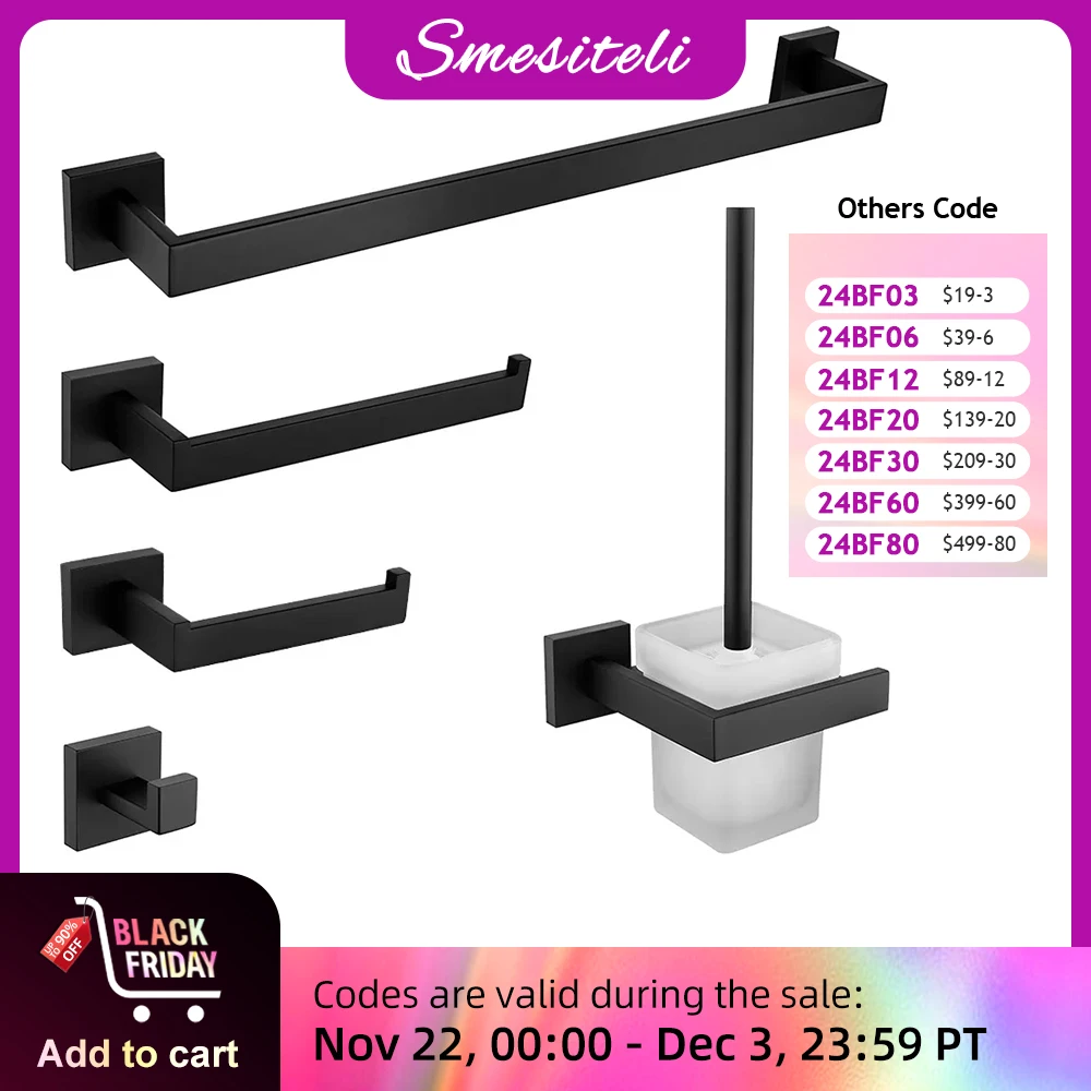 Matt Black Bathroom Hardware Set Kit Accessories Wall Shelf Towel Bar Rack Rail Robe Hanger Toilet Brush Roll Paper Holder Dish