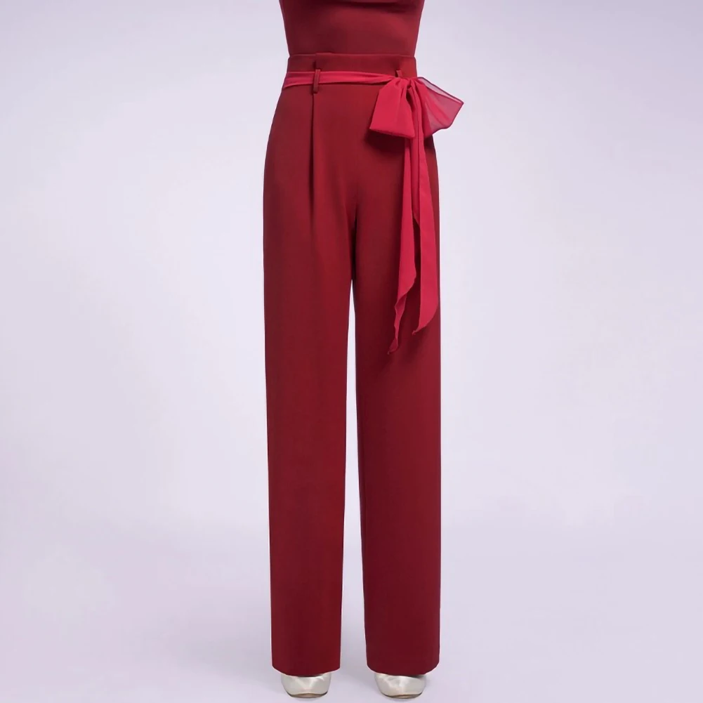 กางเกงเต้นรำสตรีสีดำ กางเกงแฟชั่นสำหรับฝึกซ้อม กางเกงขนนกสีขาว สายสีฟ้า กางเกงทรงตรง กางเกงแซมบ้าคุณภาพสูงสีแดงไวน์