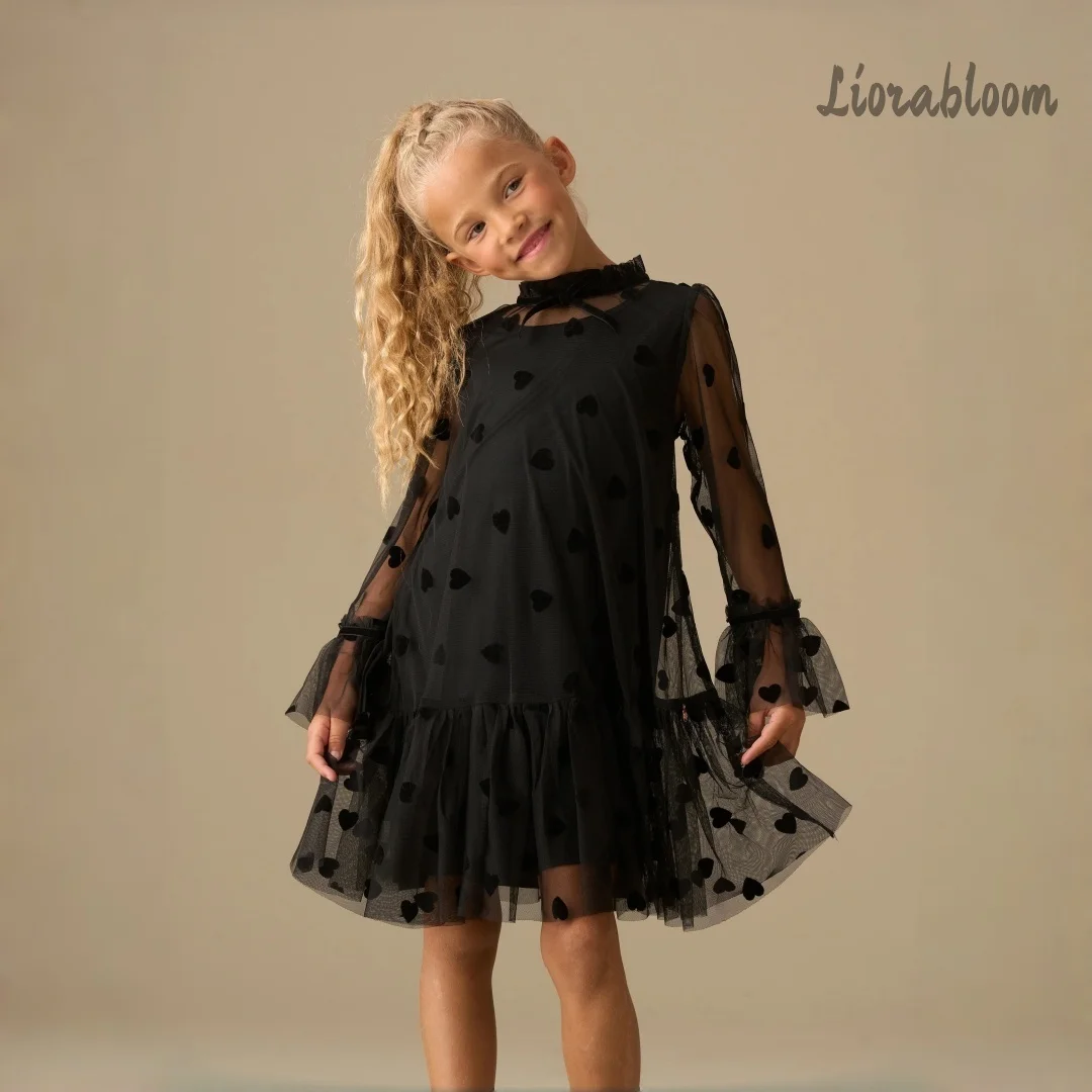 Abito Formale Personalizzato per Ragazze con Motivo a Cuore, Vestito da Principessa in Tulle con Colletto Bordato in Pizzo, Abbigliamento per Matrimoni e Feste