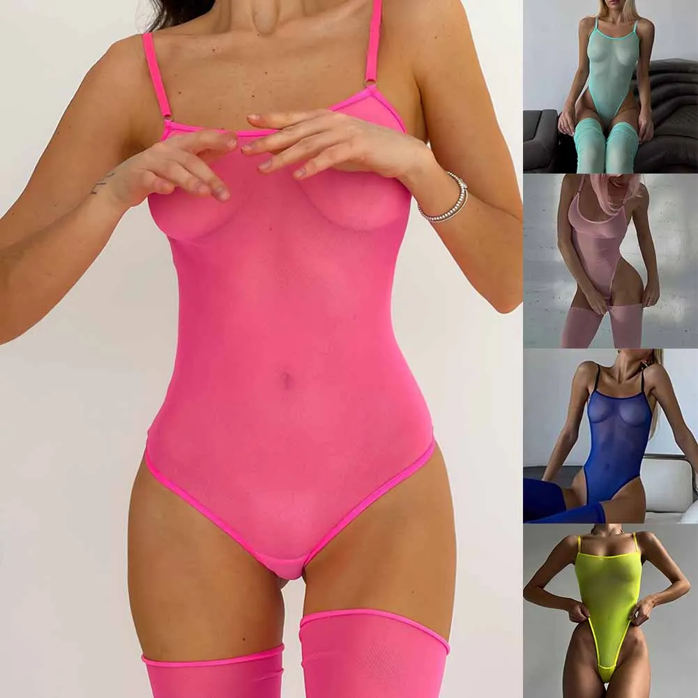 Womens Sexy Bodysuits Mesh See Through Jumpsuit Suspenders Stockings Two-Piece Suit Female Ultra Thin Swimsuit Trikini Underwear