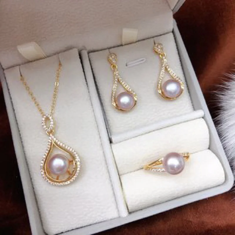 

New Natural Freshwater Pearl Jewelry Set Three-Piece Luxury Ring Earrings Pendant Multiple Colors
