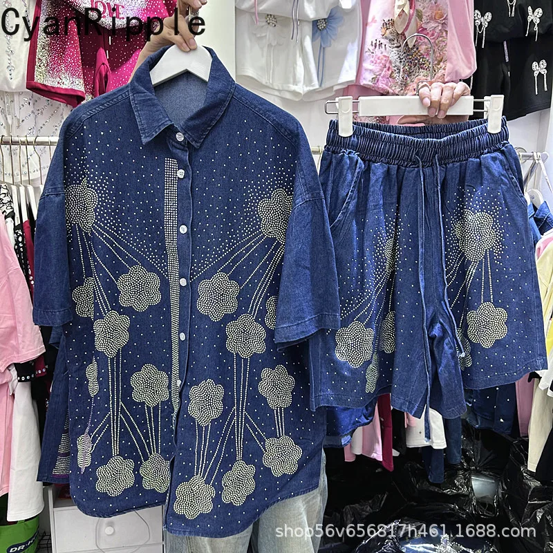 

New Spring Summer Female Denim Shorts Sets Hot Diamonds Loose Short Sleeve Cardigans Top + Elastic Waist Wide Leg Short Jeans
