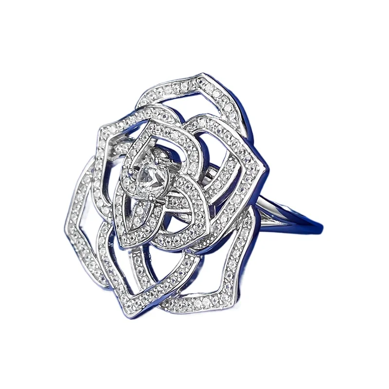 

S925 Silver Mountain Camellia Ring, Women's Rose Ring, with a simple and high-end temperament, fashionable and socialite style
