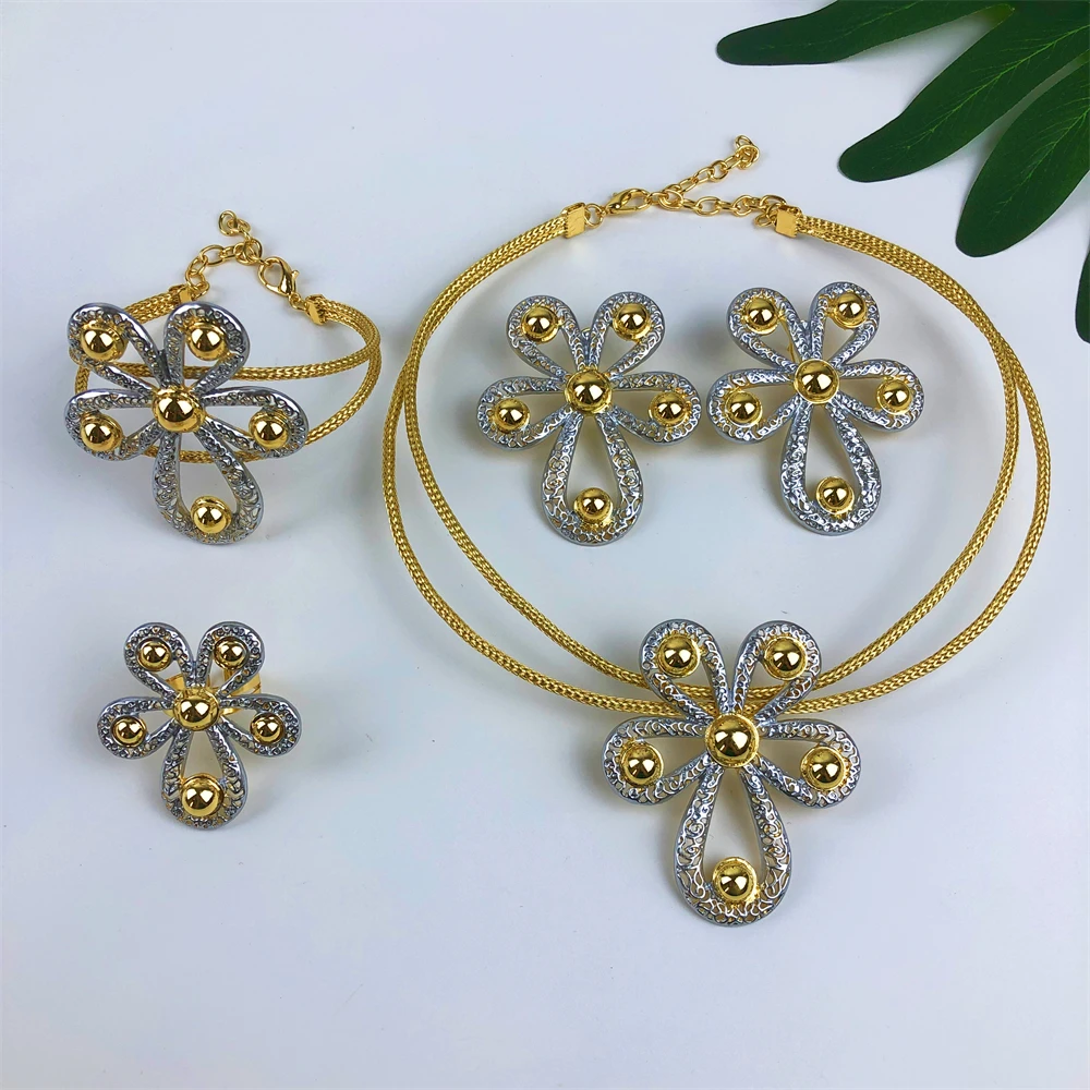

TITI New Women Jewelry Two Tone Classic Design Necklace Set Drop Earrings Bracelet And Ring Full Set Jewelry Party Trending