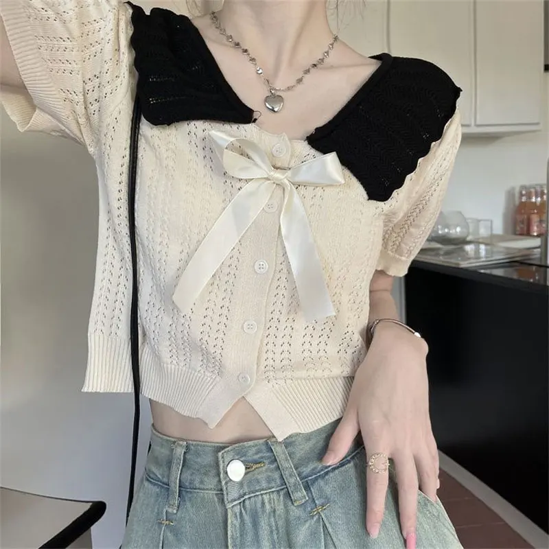 Women\'s Clothing Doll Collar Bow Knitted Shirt Hotsweet Slim Summer Short Sleeve Stylish Hollow Out Solid Color Patchwork Blouse