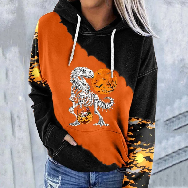 Spring and Autumn ladies 3D printed Halloween Horror elements hoodie trendy loose sweatshirt long sleeve hooded street wear