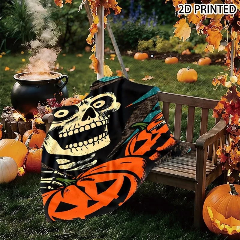 Retro Halloween Illustration Throw Blanket, Featuring Spooky Skeleton, Jack-O'-Lanterns & Bats with Bold Contrasting Colors, Mul