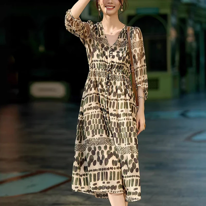 New Summer Dresses For Women 2026 Elegant Fashion V-neck Women's Long Dress Vintage Print 100% Real Silk Casual Dress A-line