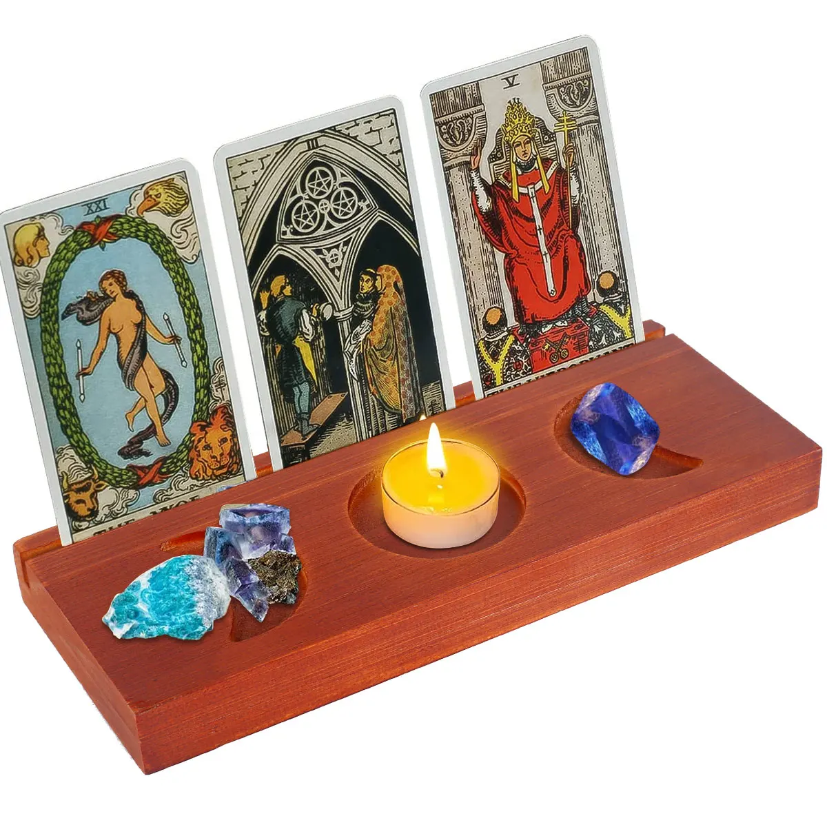 Tarot Card Holder Wooden Triple Moon Phases Symbol Tarot Card Display Stands with Moon Tray Crystal Holder for Stones Cards