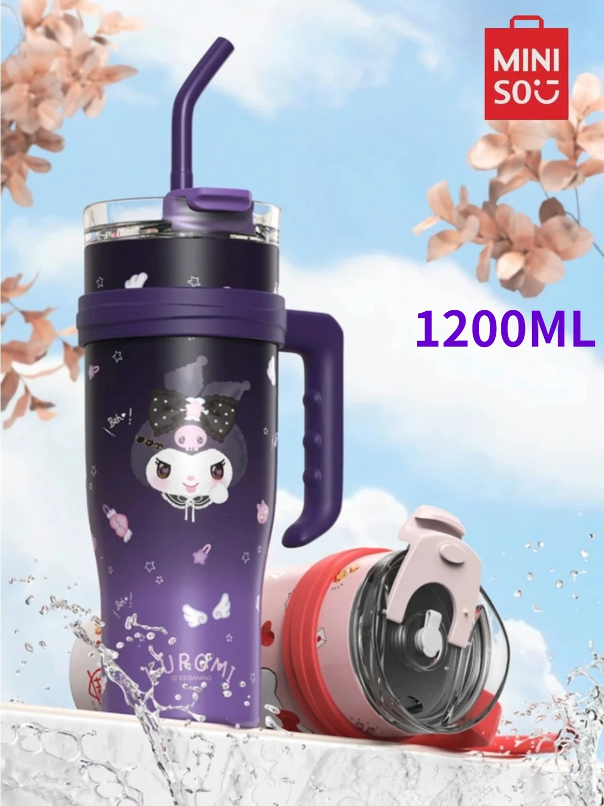 

Stainless Steel Insulated Cup with Handle Straw 1200ml Hello Kitty Kuromi Cinnamoroll Melody Large Capacity Thermos Bottle Gift