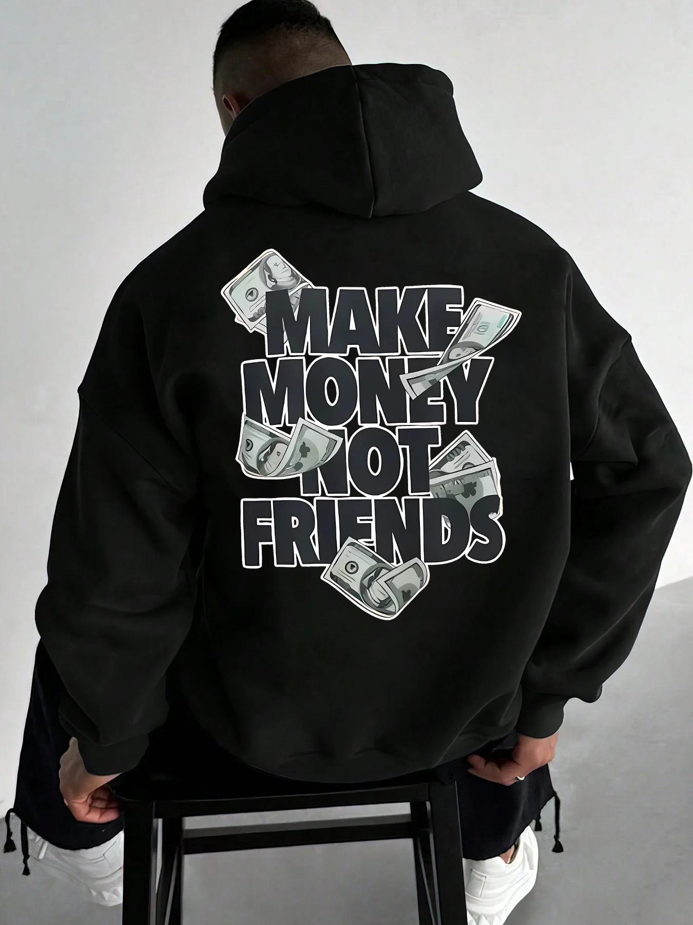 Men Relaxed Fit Hoodie Cash Letter Graphic Pattern Print Sweatshirt Casual Long Sleeve Jumper Rap Urban Street Hooded Tee