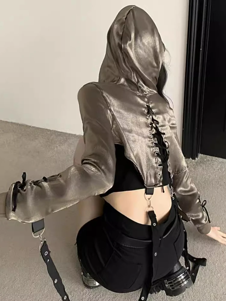 Two Pieces Set Y2k Aesthetic Gold Long Sleeve Hooded Streetwear Summer Coat Bandage Top + Black Sexy Harajuku Cropped Tops Women