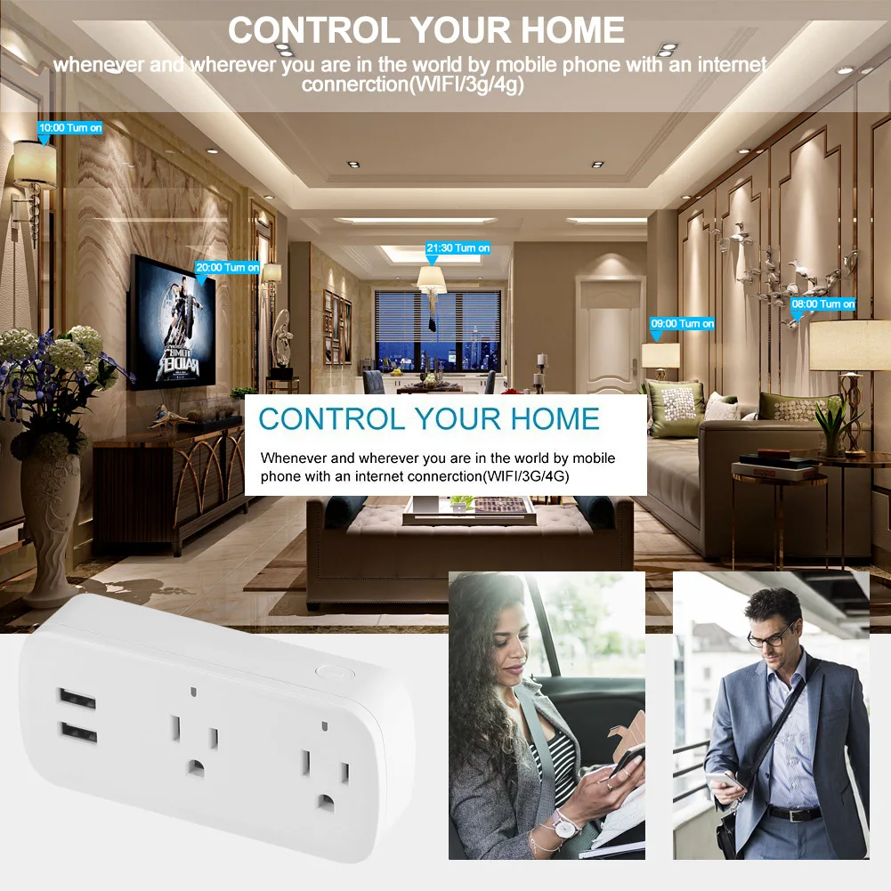 Tuya WiFi Smart Socket Appliances, prise américaine, fonction de synchronisation, 2 ports USB, 16A, fonctionne avec Alexa, Google Home, commande vocale