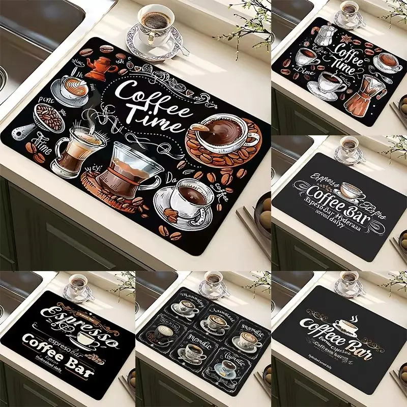 VIKAMA Coffee Time Graphic Bar Mat Multi Design Chalkboard Print Diatomaceous Earth Non Slip Espresso Counter Drain Pad