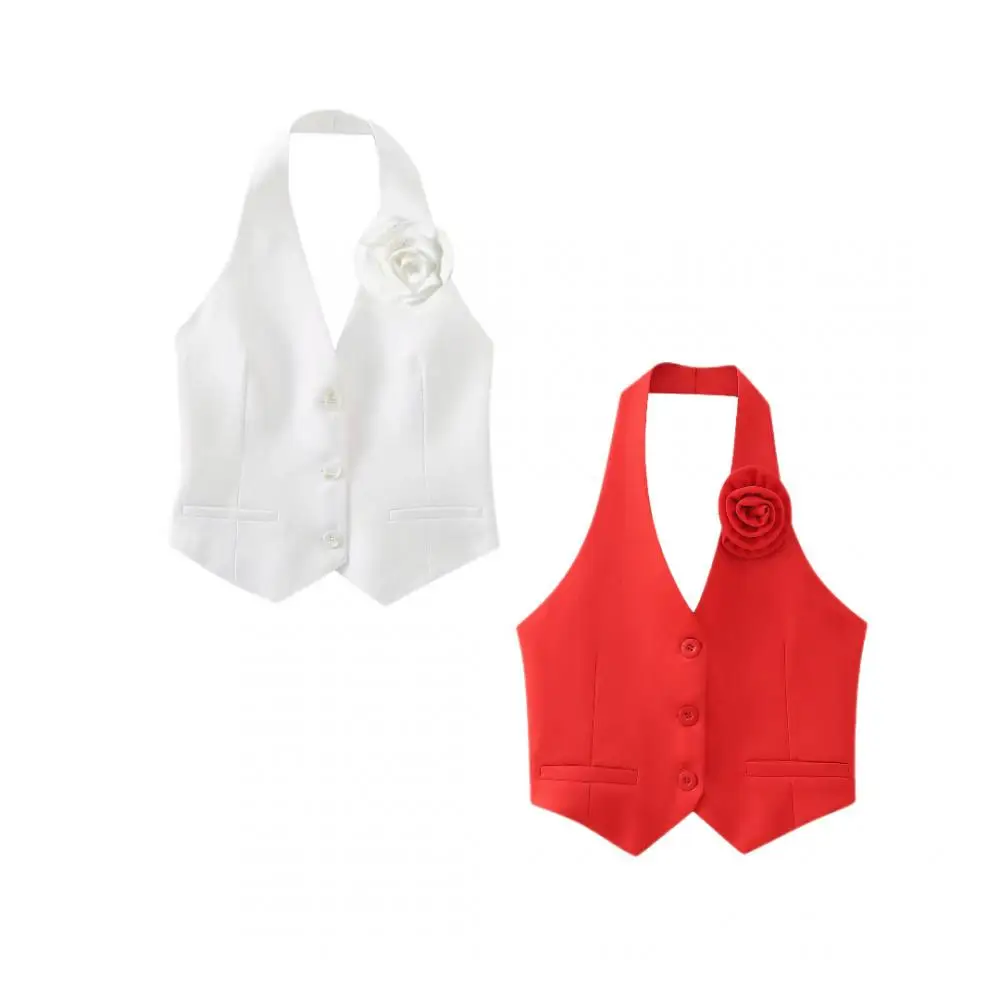 

Sexy Backless Floral V Neck Vest Fashion Sleeveless Button Cardigan Blouse Summer Open Front Crop Women Work Vest Jacket