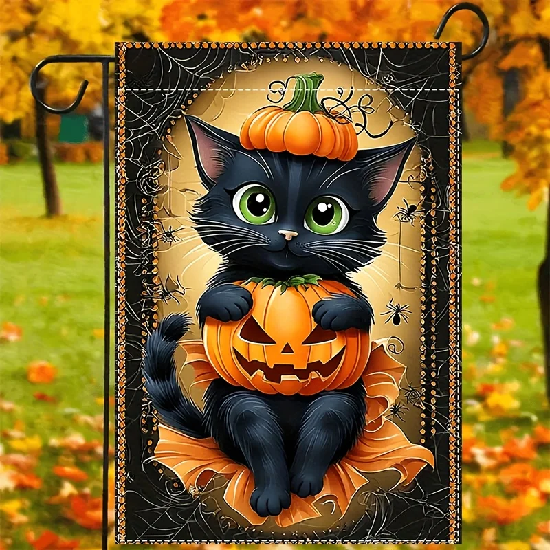 Halloween Garden Flag, Double-sided 12 × 18 Inches, Featuring A Cute Cat Holding A Pumpkin and A Spider Design, Suitable for Outdoor Decoration, Furniture Decoration, Fence Decoration, Yard Decoration, Garden Decoration and Halloween Decorations