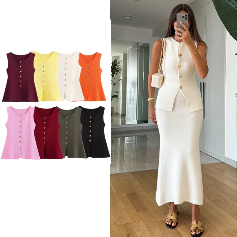 

2024 Women's Knitted Vest Tops Button Sleeveless Vest Fall and Winter New Vest Cropped Elegant Simple Work Commuter Jacket