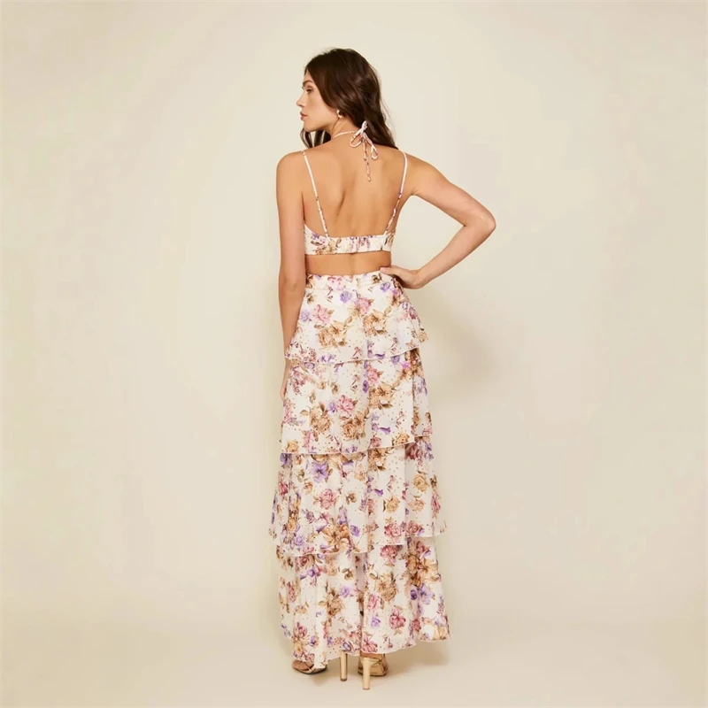 Francês elegante vestido de festa à noite sem costas feminino sem alças sem mangas cintura alta babados em camadas vestidos de grife feminino verão