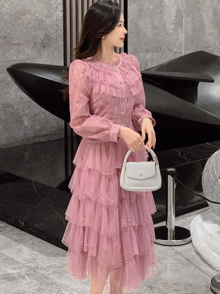 Smthma luxo moda flor malha bordado bolo vestido de alta qualidade feminino o pescoço manga longa plissado festa vestidos longos 2025