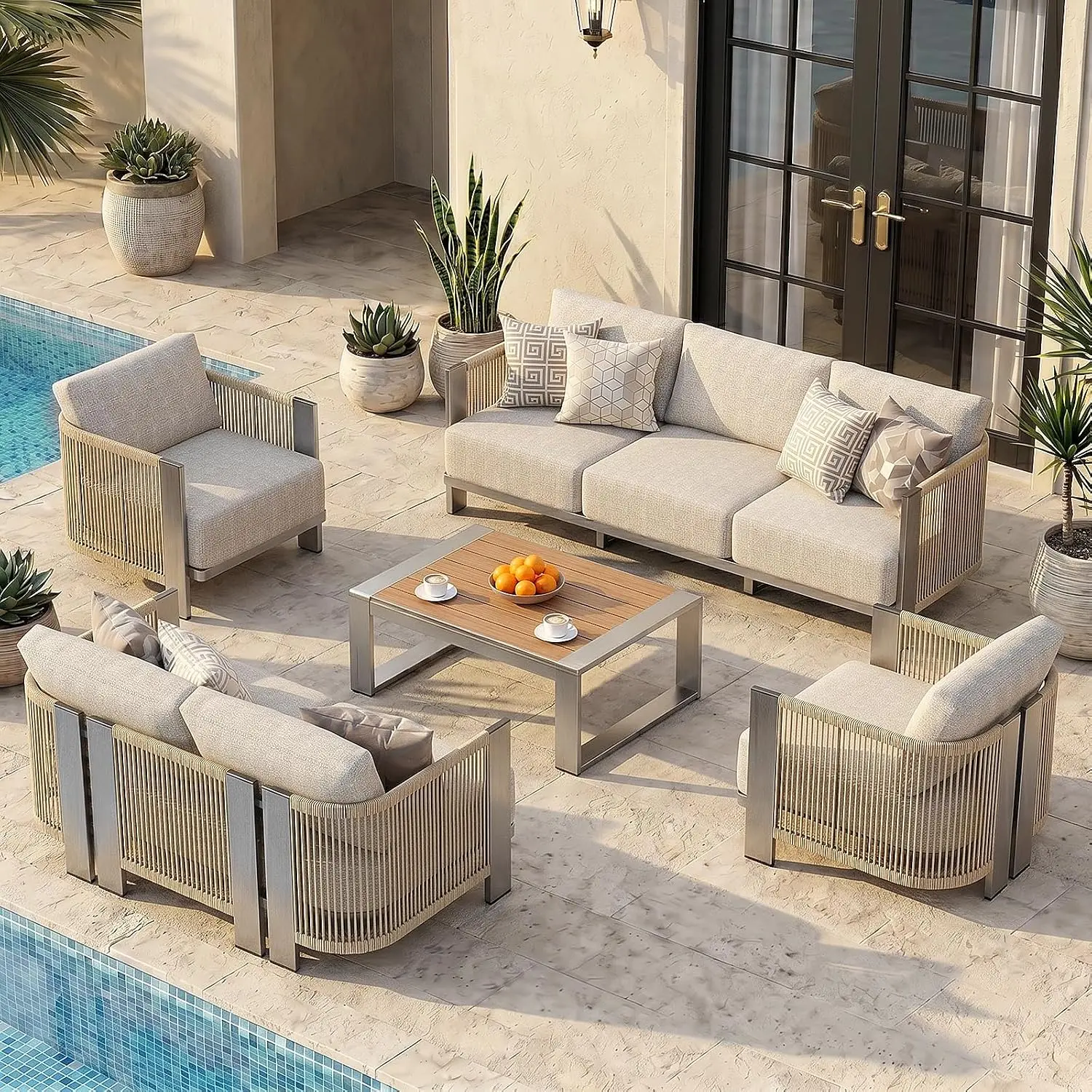 Luxury Patio Furniture Set, 5-Piece Curved Outdoor Furnitrue Set with Weather-Resistant Aluminum Frame and 7.1