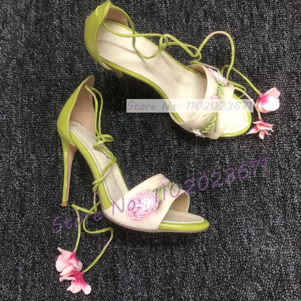 

Green Shiny Leather Flower Lace Up Sandals Women Elegant Sweet Crystal Floral Sandals Ladies Summer Outfit Party Evening Shoes