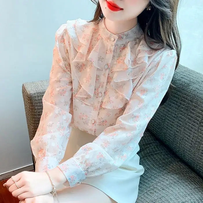 High End French Style Top Women's New Style Shirt Women's Small Shirt Western-style Chiffon Long Sleeved Shirt