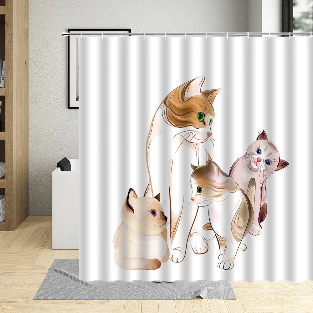 Cartoon Animals Romantic Cat DogsShower Curtain Lovely Elephant Hand Painted Pattern Background Bathroom Decorative Cloth Suit