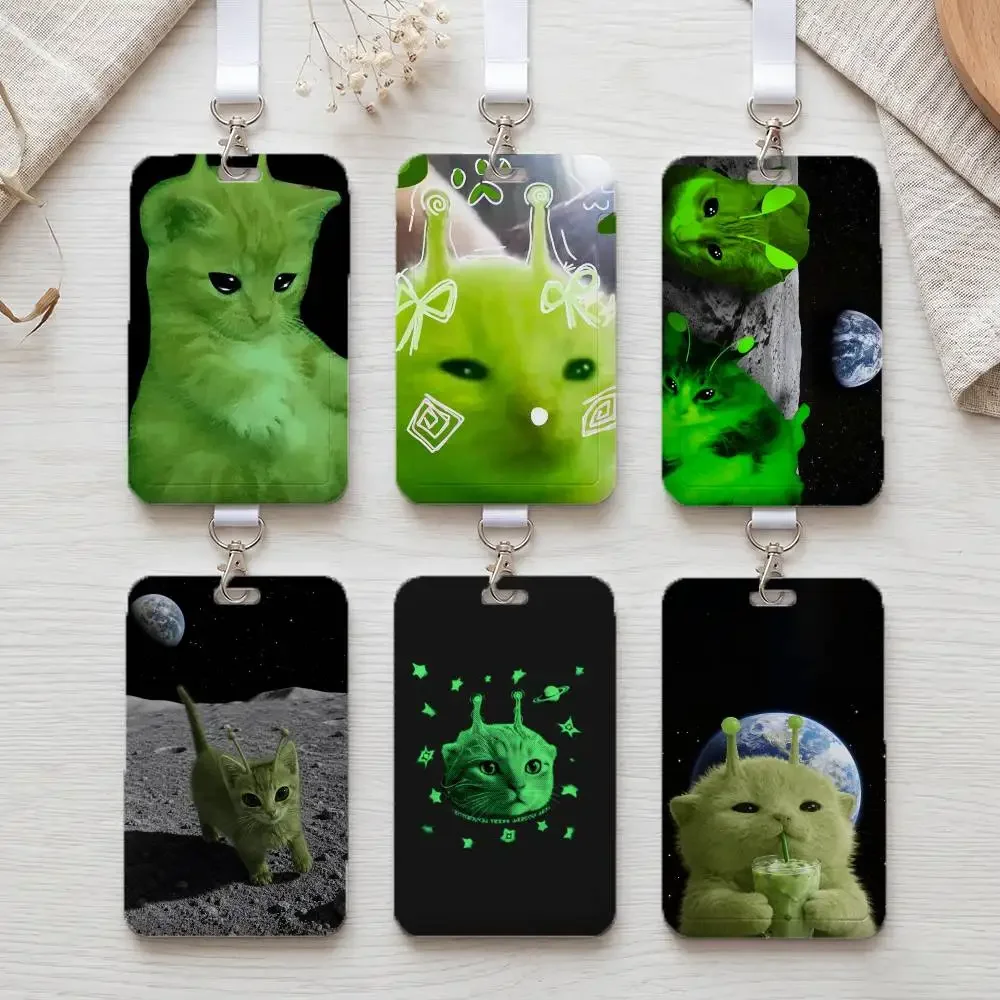 Cute Green Alien Cat Durable Plastic ID Badge Holder Daily Work Card Pouch