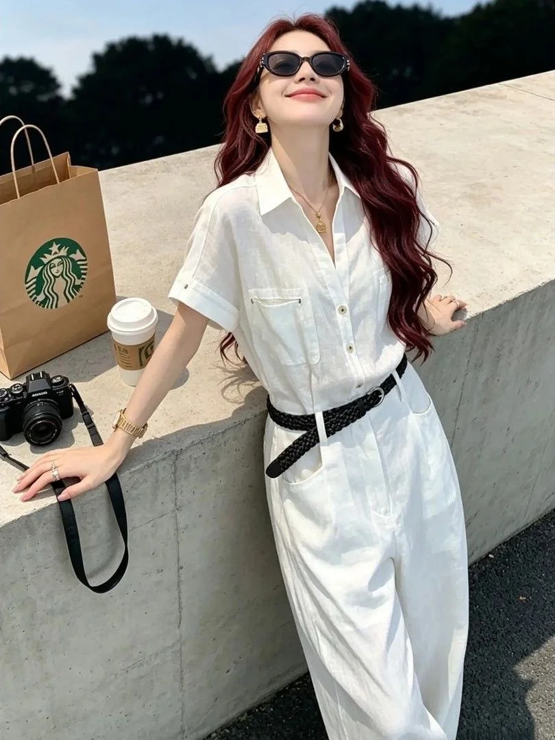 

Slimming Effect High Waist Neck Short Sleeve Onesie Fashionable Summer New Arrival Old Money Style Wide Leg Pants