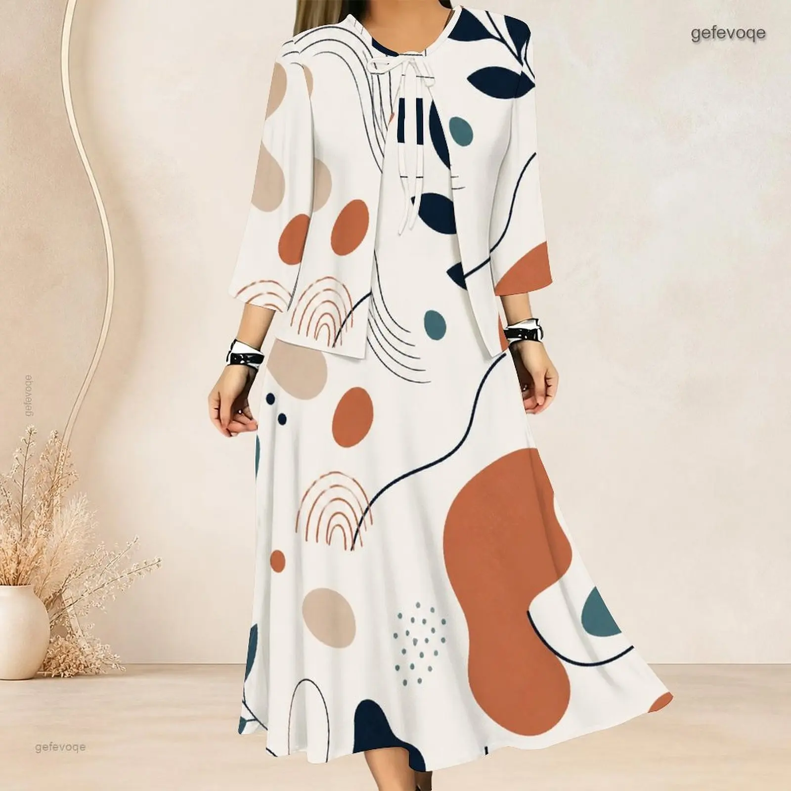 Women Abstract Printed 3/4 Sleeve Cardigan and Long Dress Two Piece Set