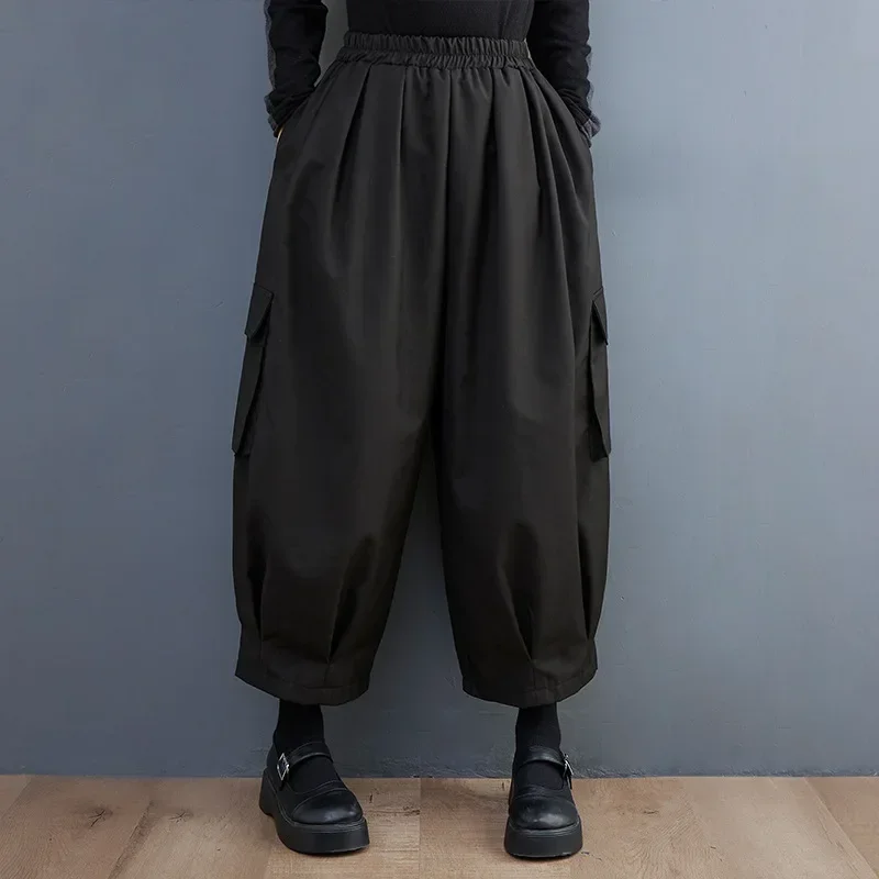 Spring Summer New Black Vintage High Elastic Waist Oversized Cargo Pants Women Loose Casual Pocket Fashion Ladies Trousers