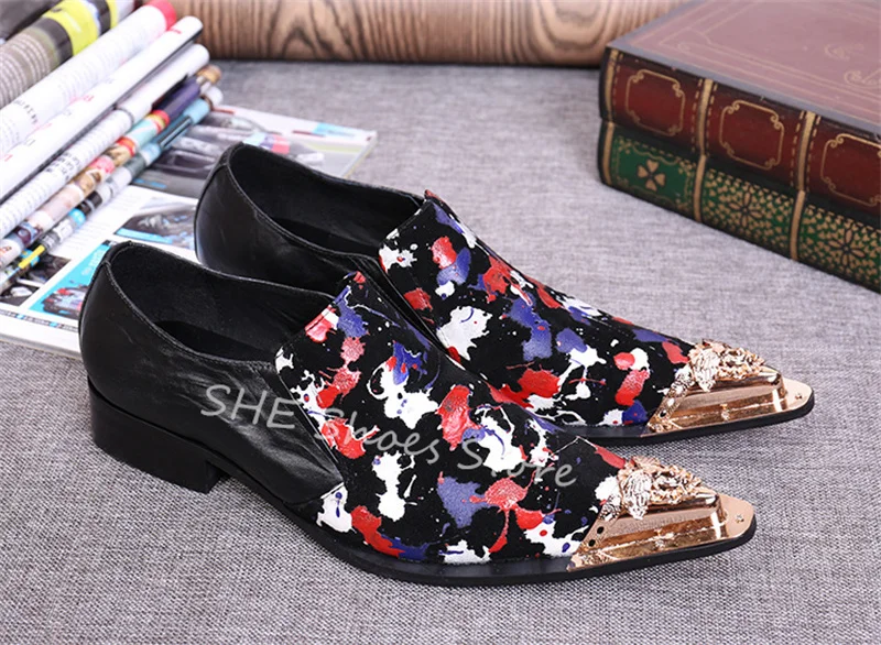 Fashion Metal Pointed Toe Loafers for Men Mixed Color Graffiti Prints Shallow Slip-On Casual Shoes Male Party Wedding Oxfords image 3