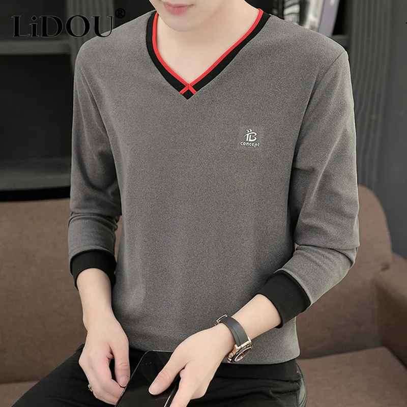 2023 autumn new fashion temperament Korean version versatile trend youth undershirt V-neck solid color warm long-sleeved top men