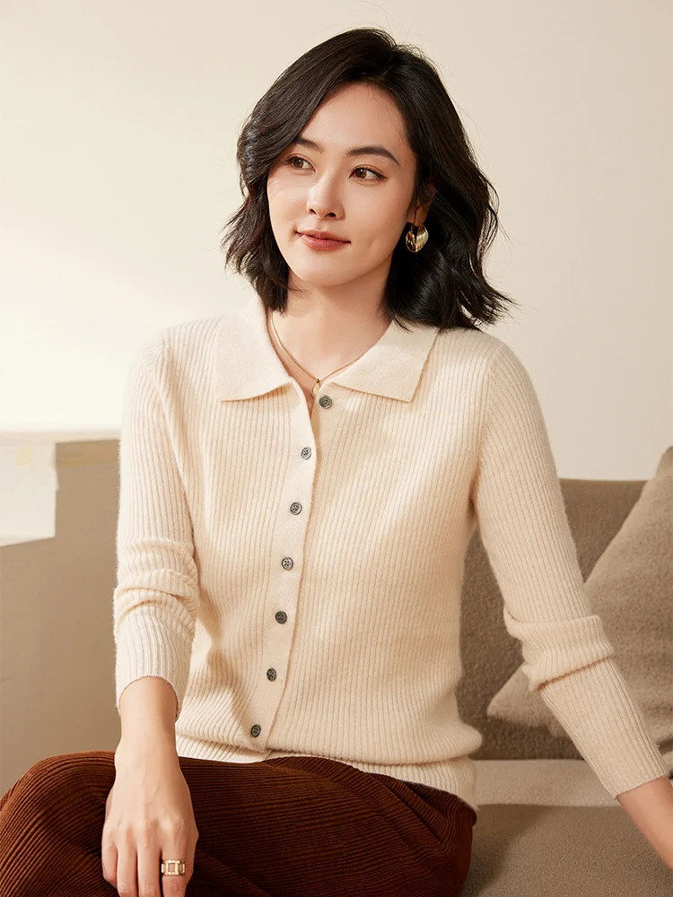

New Style Autumn Winter Women 100% Merino Wool Sweater Polo Collar Woman Wool Cardigan Sweater Casual Classy Knitted Top Clothes