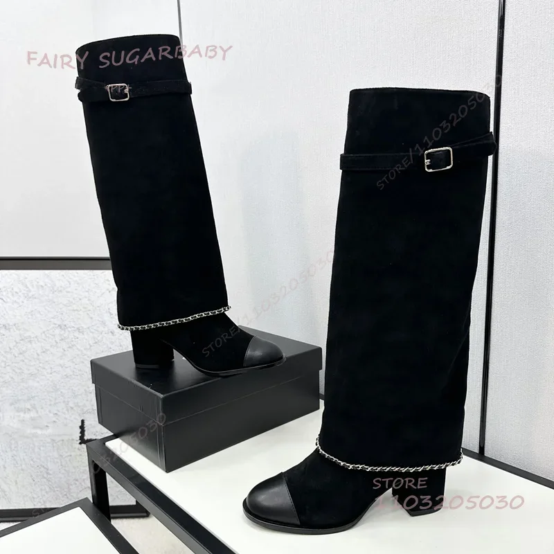 

Pure Black Suede Woolen Soft Boots Women Knee Round Toe Leather Straight Buckle Calf Khaki Brown Corduroy Thick Heel Winter Shoe