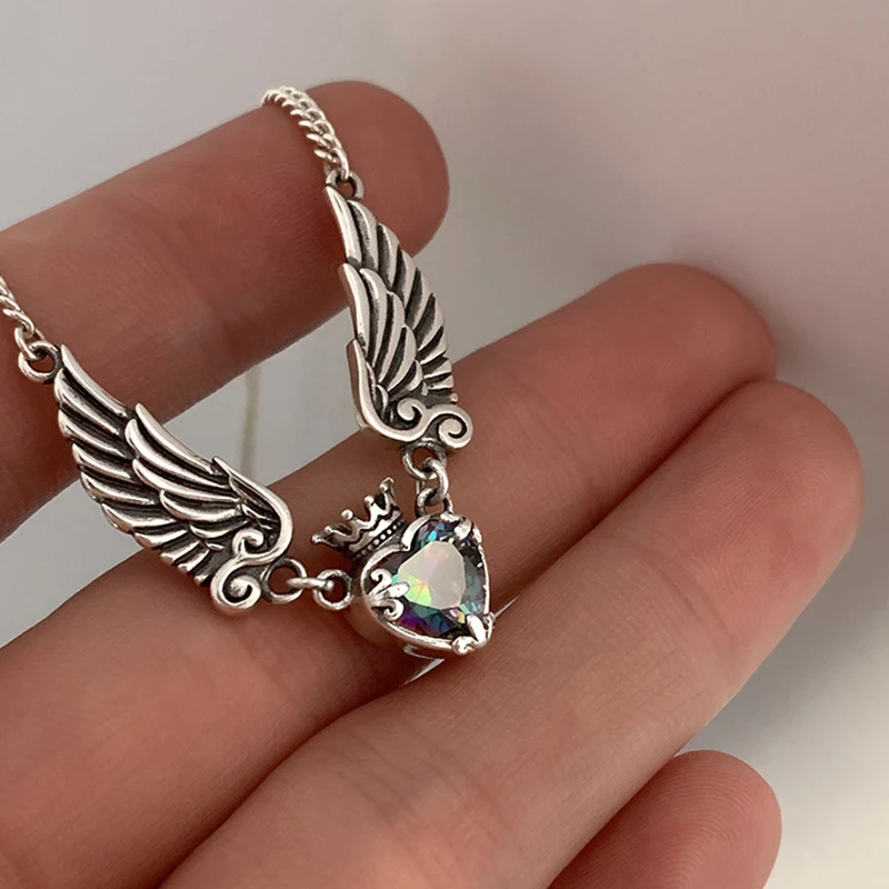 Vintage القوطية القلب تاج أجنحة الملاك قلادة قلادة المرأة موضة حساسة الحب على شكل المناجد زوجين قلادة #4