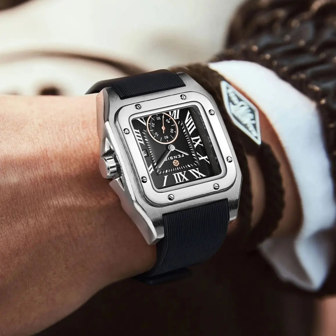 ساعة رجال الأعمال الجديدة من سلسلة Santos Tank، مينا مربعة، مع عرض التقويم، متوفرة بحزام سيليكون وحزام جلدي، ساعة يد رجالية عصرية فاخرة وبسيطة وأنيقة