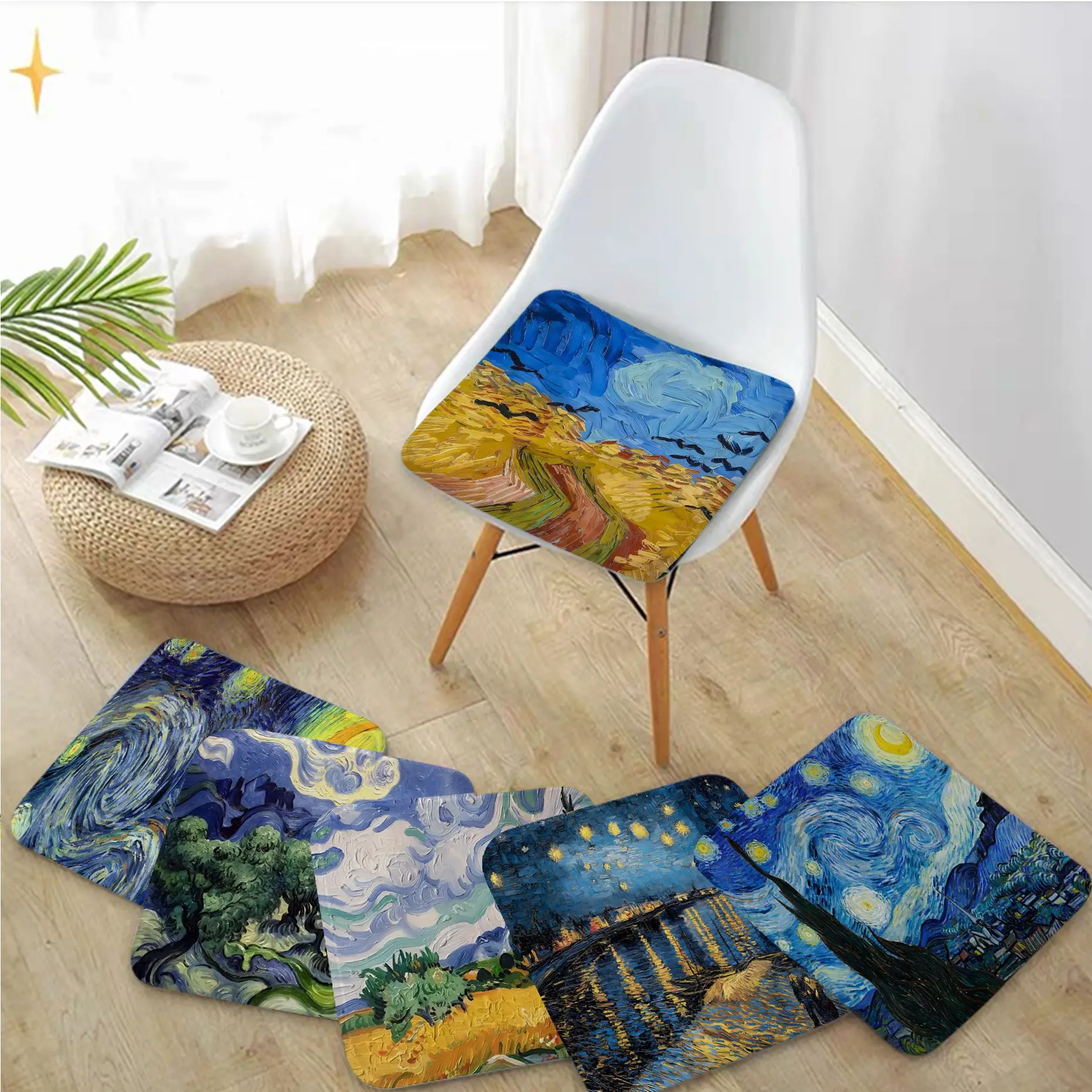 Van Gogh Oil Painting Art Cushion Mat European Chair Mat Soft Pad Seat Cushion For Dining Patio Home Office Sofa Decor Tatami