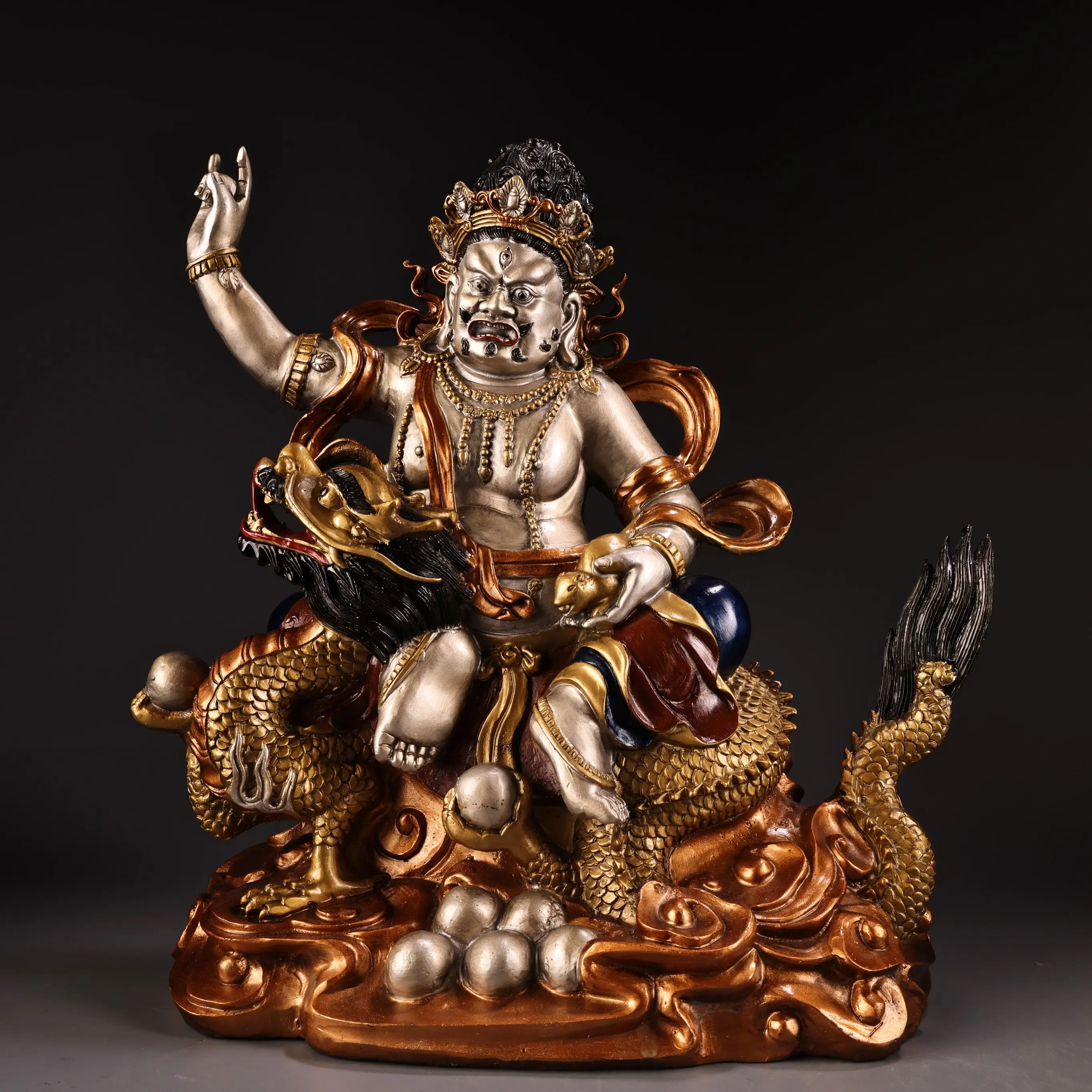Old Copper Gold Silver Tracing Tibetan White Jambhala Statue Heavy Patina Fine Craft