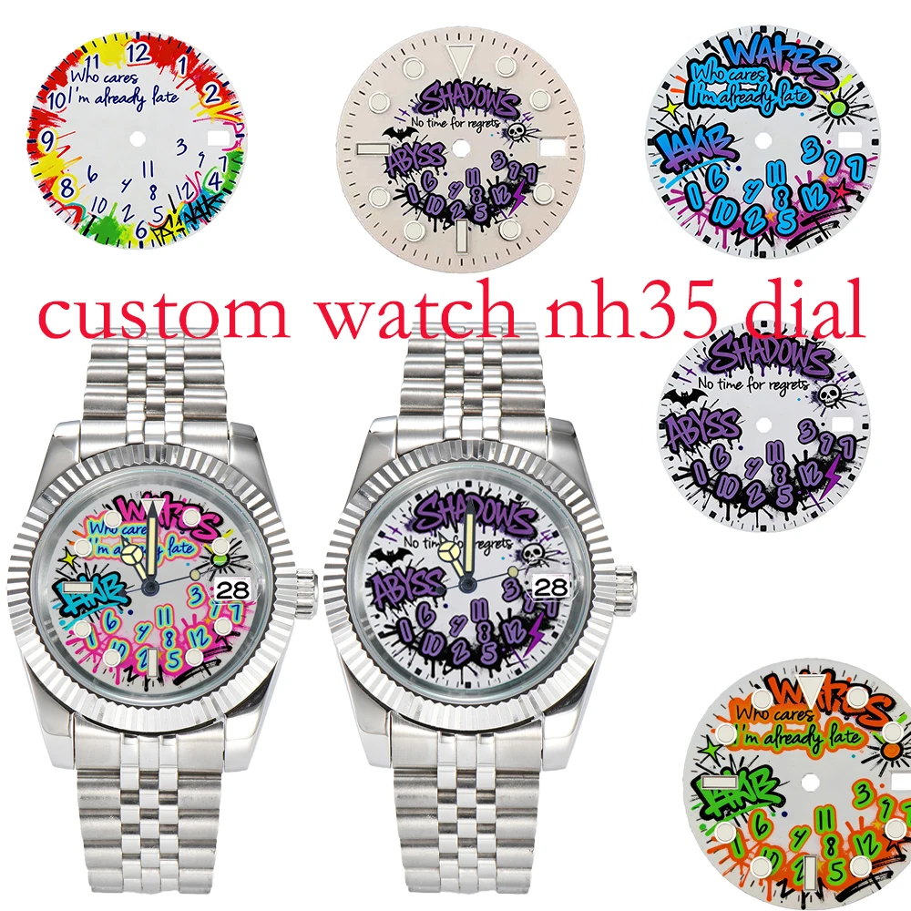 

Креативный циферблат NH35, цветной циферблат с граффити, персонализированный циферблат с цветной печатью, подходит для механизмов NH35/36/NH34/CHINA NH35.