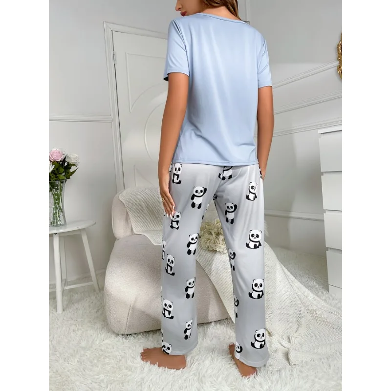 Blue Panda Women Pajamas Set Autumn Winter Short Sleeves Long Pants Cute Pyjamas Kawaii Sleepwear Cozy Pijamas Soft Pjs Comfy Pj